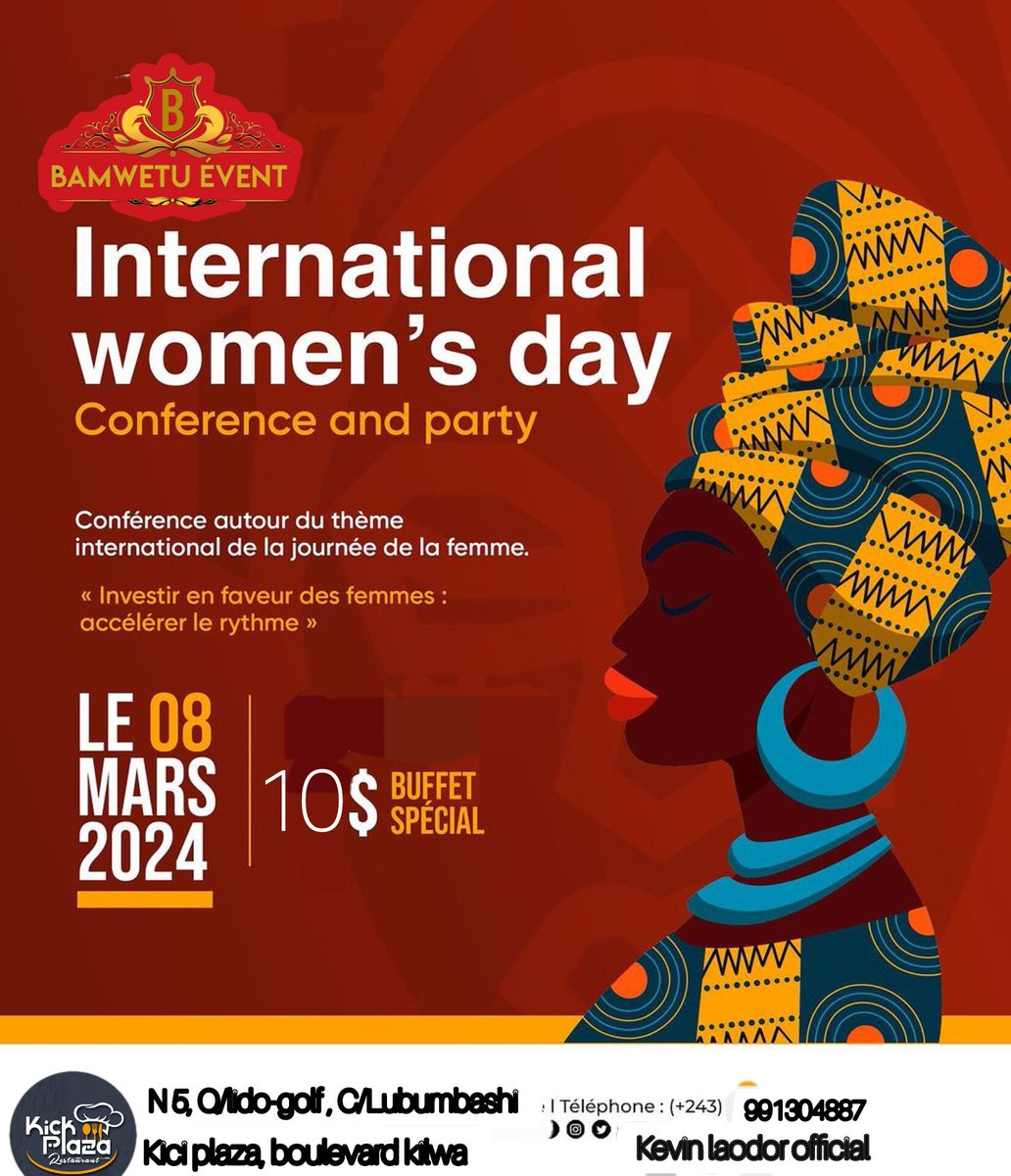 Rejoignez-nous à kick plaza ce 8 mars 2024 pour la Journée internationale des femmes et mobilisez-vous autour du thème « Investir en faveur des femmes : accélérer le rythme ». Avec un menu riche : défilé de mode, conférences, expositions d'art et bien d’autres...'