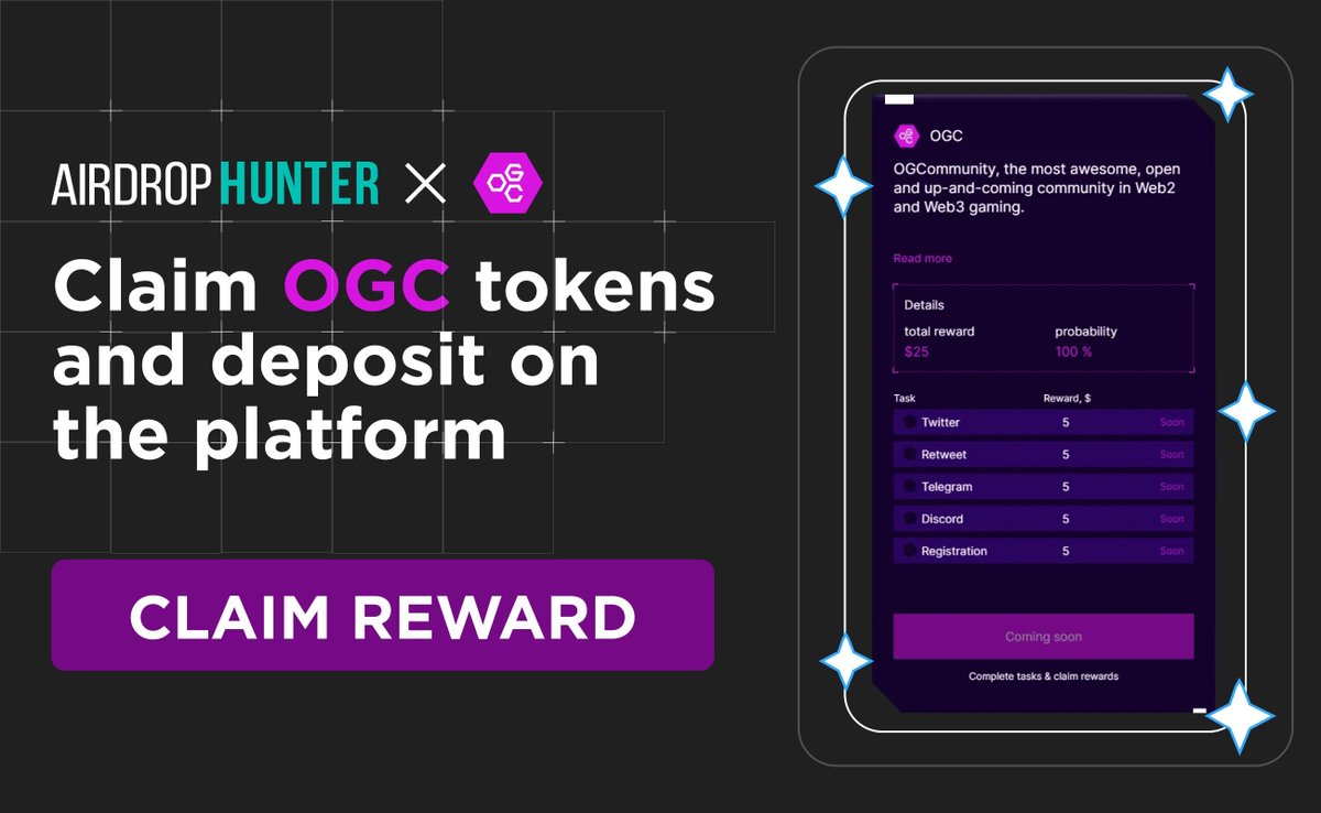 🤯 Claim OGC tokens and deposit on the Airdrop Hunter platform.

<a href="/ogcommunityX/">OGCommunity | Gaming</a>

💪 OGC is one of the fastest-growing communities in the GameFi space. 

🔥 There are already 500,000 registered users worldwide. 

The main goal of the project is to build one of the largest and most