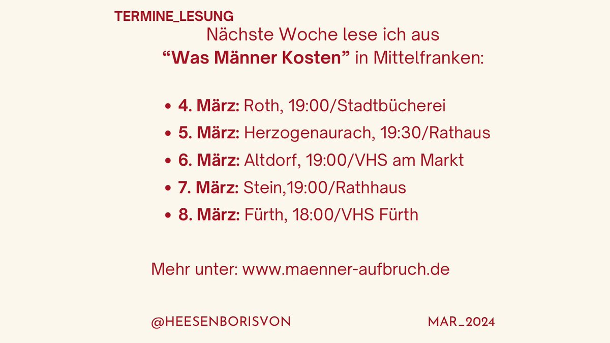 Eine tolle VHS Kooperation hat mich für nächste Woche für eine kleine Lesereise nach Mittelfranken eingeladen. Wer spontan Lust und Zeit hat, ich würde mich freuen.