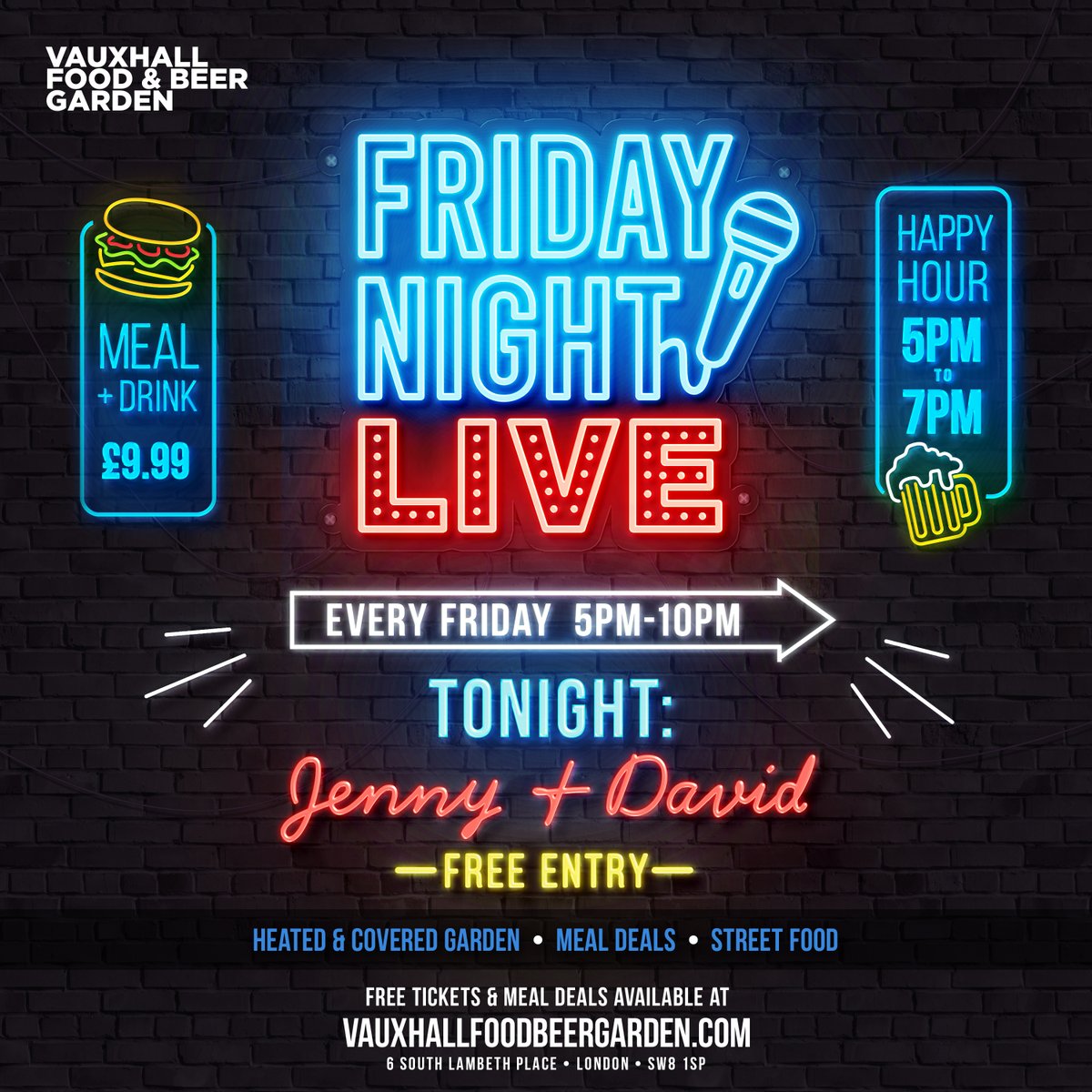It's Friday Night Live tonight! Have you booked your table yet? We can't wait to see <a href="/jennydavidmusic/">J&D Jenny And David</a> tonight! 😍 

📍 Vauxhall Food &amp; Beer Garden, 6 S Lambeth Pl, SW8 1SP