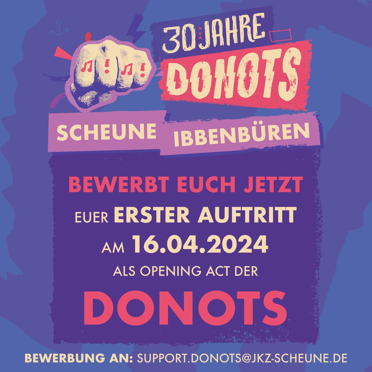 Wer von euch spielt ihren/seinen ersten Auftritt mit uns? Am 16.04.1994 durften wir DONOTS in der Scheune Ibbenbüren unser allererstes Konzert spielen. 30 Jahre später seid ihr dran und spielt mit uns euer erstes Konzert! Bewerbungen ab jetzt unter support.donots@jkz-scheune.de