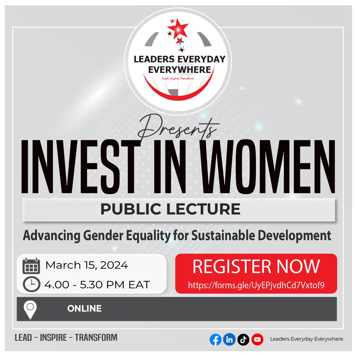 Lee_ltd1's tweet photo. #IWD2024 INVEST IN WOMEN

REMINDER 

FREE REGISTRATION

RSVP: https://t.co/ZDauIn7TPU

Share this opportunity with all like-minded humans and see you soon!
#IWD2024 #InvestinWomen #LeadersEverydayEverywhere #PublicLecture

@GforGirls @InitiativeHer https://t.co/wDTUQ24GXk