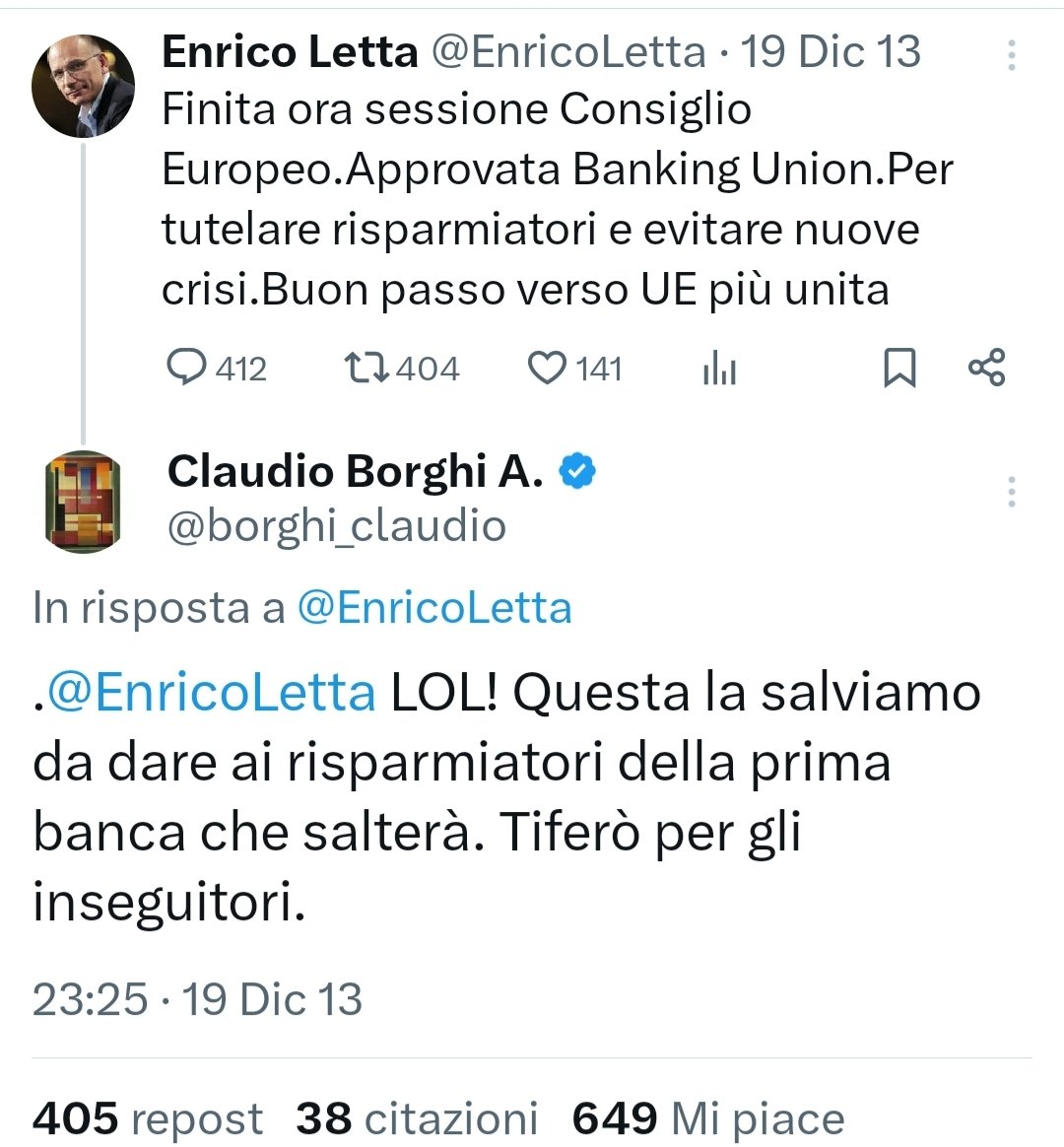 @borghi_claudio @CoffeeBreakLa7 Ma neanche le basi...proprio.
'Tiferò per gli inseguitori' è oramai un cult 
#BankingUnion #Bailin