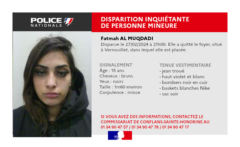 [#DisparitionInquiétante] Merci de vos RT afin d'aider les enquêteurs de la <a href="/PoliceNat78/">Police Nationale 78</a> à retrouver Fatmah.