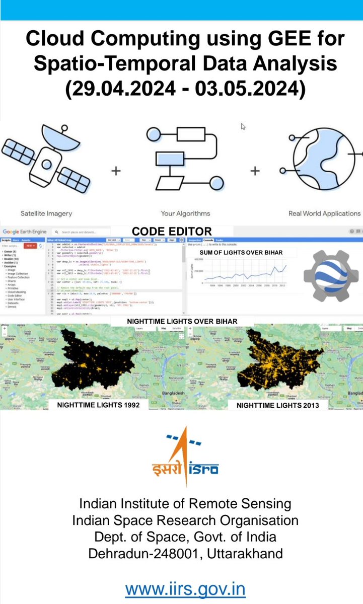 PKG_SF's tweet photo. In-person course on Google Earth Engine happening at IIRS @ISRO Dehradun (Apr 29 - May 3, 2024). Last date to apply: Mar 10, 2024. Please retweet. https://t.co/eSuhIhD3Dt https://t.co/m4hTwR7hqx