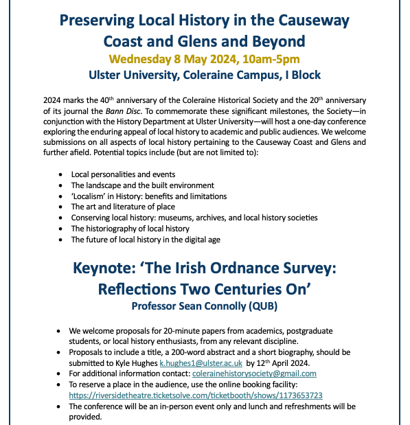shan_devlin's tweet photo. 🚨 CfP 🚨 To celebrate the anniversary of the Coleraine Historical Society, @UUHistory is co-hosting a one-day conference in May 🎉 CfP on all things Local History now open 📅 12 April! https://t.co/Yicrwa4Xev