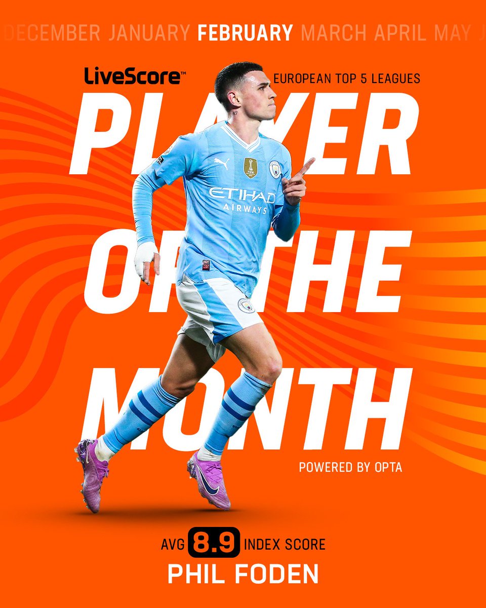 Phil Foden is the @livescore European Top 5 Leagues Player of the Month for February!