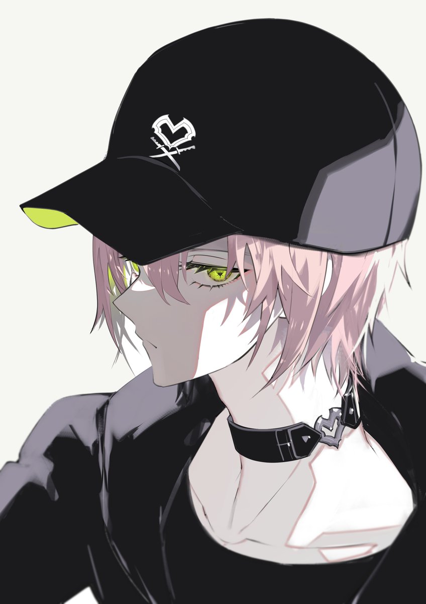 male focus pink hair 1boy hat solo green eyes white background  illustration images