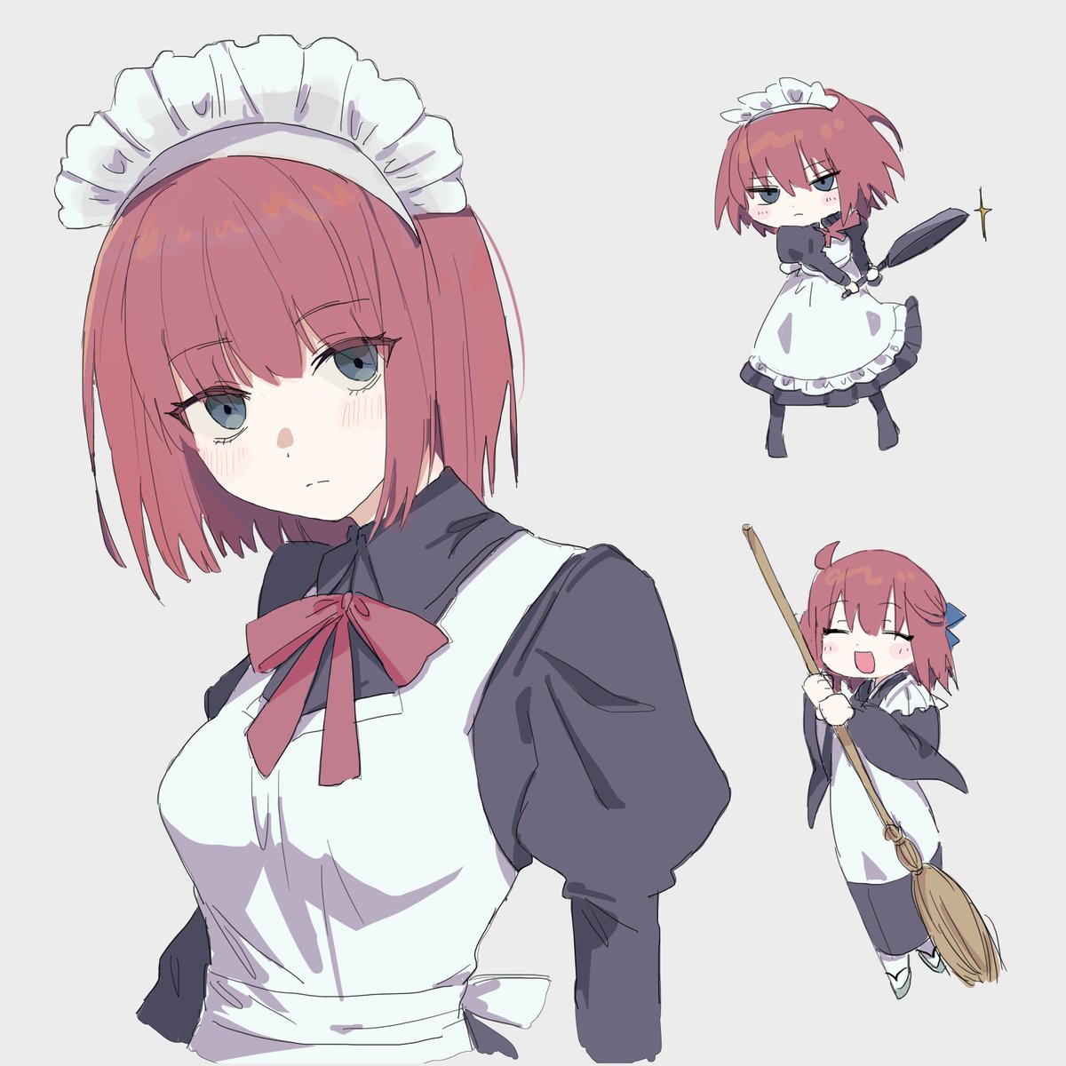 hisui (tsukihime) ,kohaku (tsukihime) broom maid apron maid headdress red hair holding multiple views  illustration images