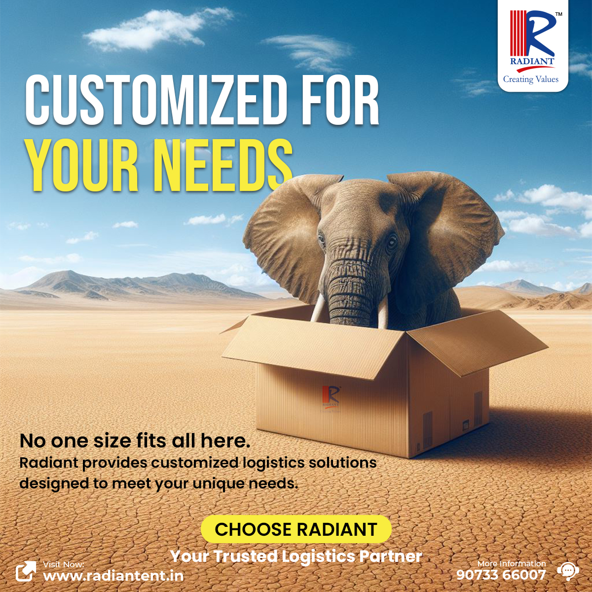 At Radiant, we understand the complexity and diversity of logistics requirements across different businesses. 

Visit Us: radiantent.in
Call Us: 90733 66007
.
.
#CustomLogistics #PersonalizedSolutions #BusinessDiversity #TailoredLogistics #LogisticsExpertise
