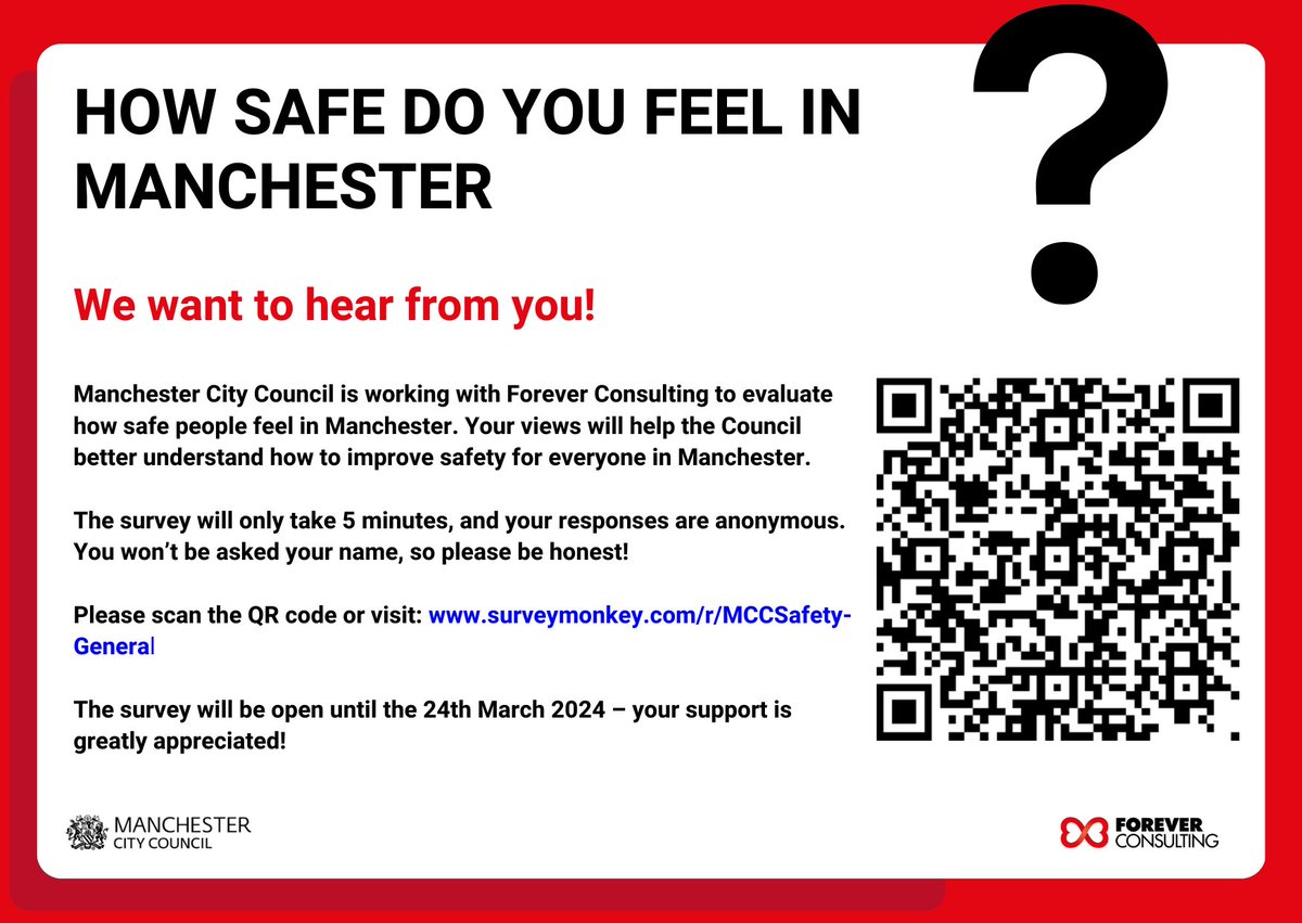 @ManCityCouncil are undertaking an independent evaluation around safety in Manchester. If you spend time in Manchester city centre, we want to hear from you! 🗣️Have your say: surveymonkey.com/r/MCCSafety-Ge…