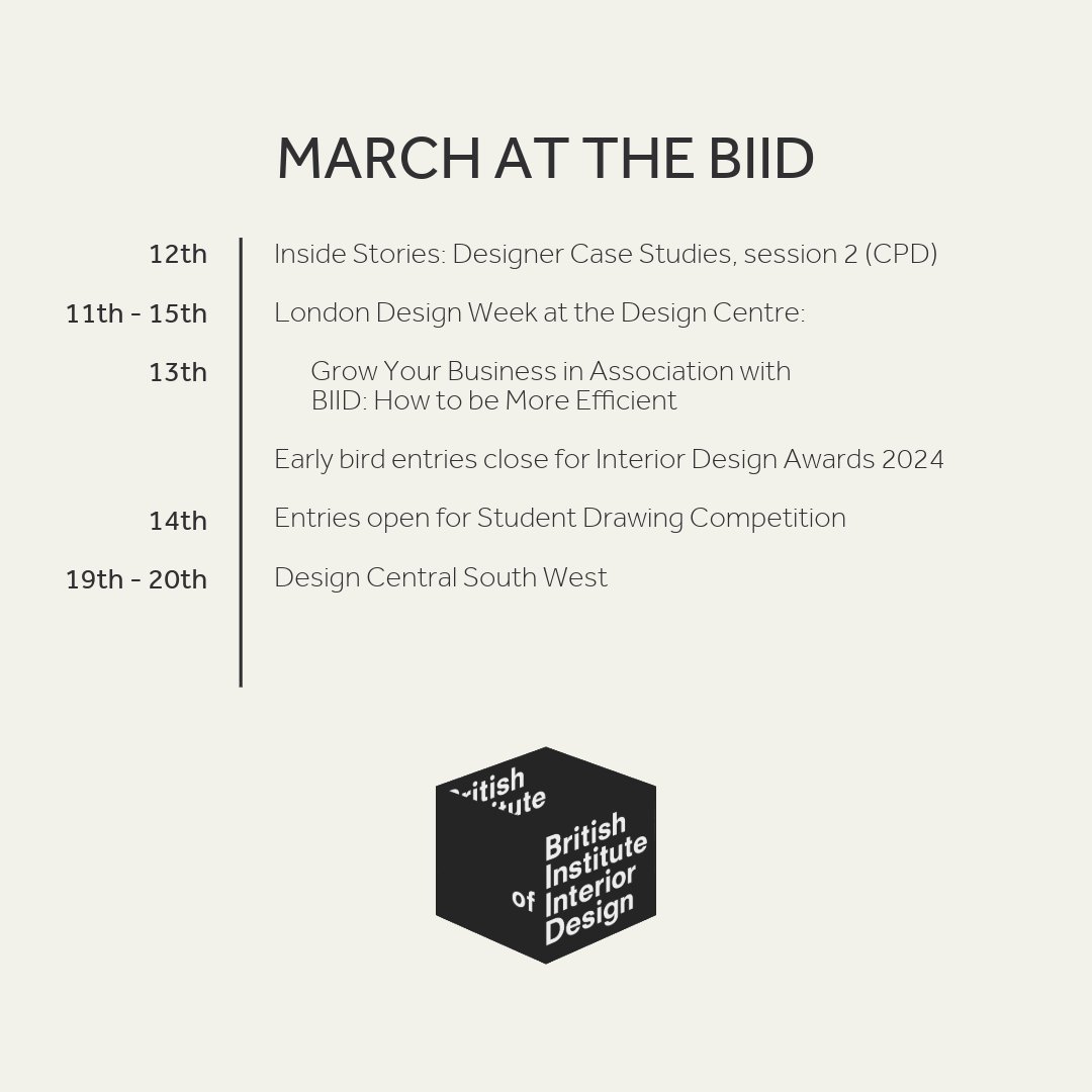 March is set to be an exciting month for the BIID - if you've started your Interior Design Awards 2024 entry, enter before the 14th to secure an early bird discount here biid.org.uk/biid-interior-… #TheBIID #BIIDIDA #MarchEvents #interiordesign