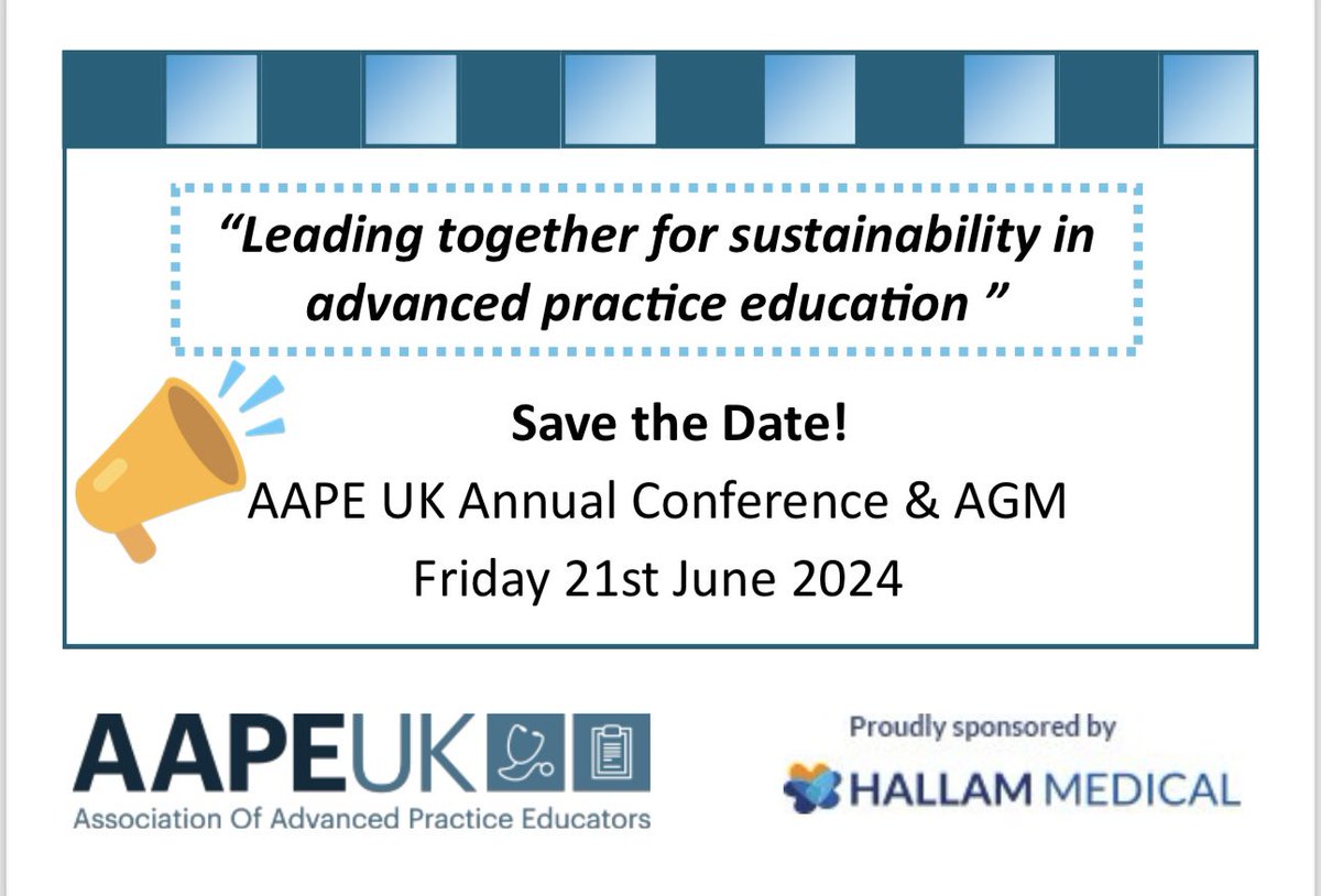 We’re very excited to announce the date of this year’s @AAPEUK Conference😃 ‘𝙇𝙚𝙖𝙙𝙞𝙣𝙜 𝙩𝙤𝙜𝙚𝙩𝙝𝙚𝙧 𝙛𝙤𝙧 𝙨𝙪𝙨𝙩𝙖𝙞𝙣𝙖𝙗𝙞𝙡𝙞𝙩𝙮 𝙞𝙣 𝘼𝙙𝙫𝙖𝙣𝙘𝙚𝙙 𝙋𝙧𝙖𝙘𝙩𝙞𝙘𝙚 𝙀𝙙𝙪𝙘𝙖𝙩𝙞𝙤𝙣’ save the date 👉 Friday 21st June, booking details to follow @Hallam_Medical