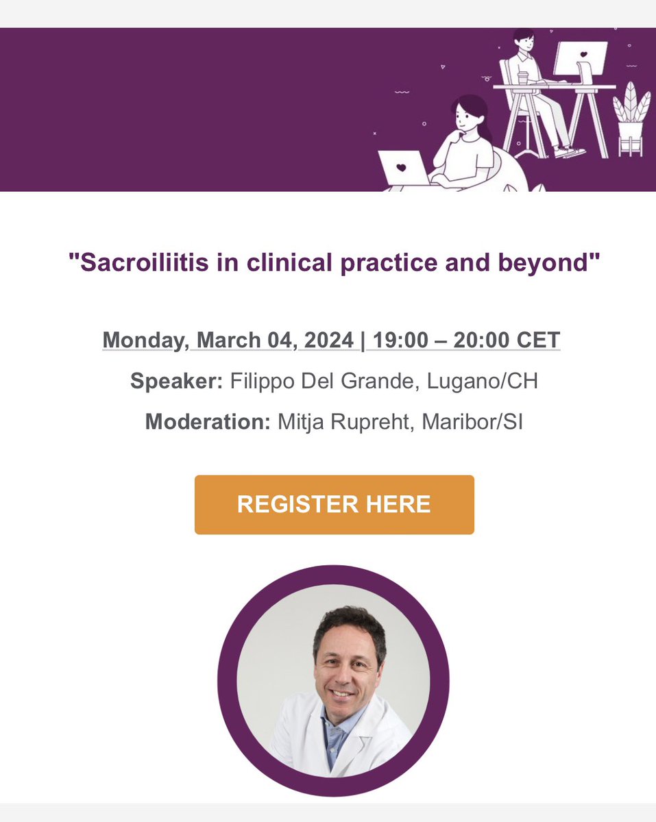 New Webiner! 'Sacroiliitis in clinical practice and beyond' Monday, March 04, 2024 | 19:00 – 20:00 CET  Speaker: Filippo Del Grande, Lugano/CH Moderation: Mitja Rupreht, Maribor/SI Register here: us06web.zoom.us/webinar/regist…