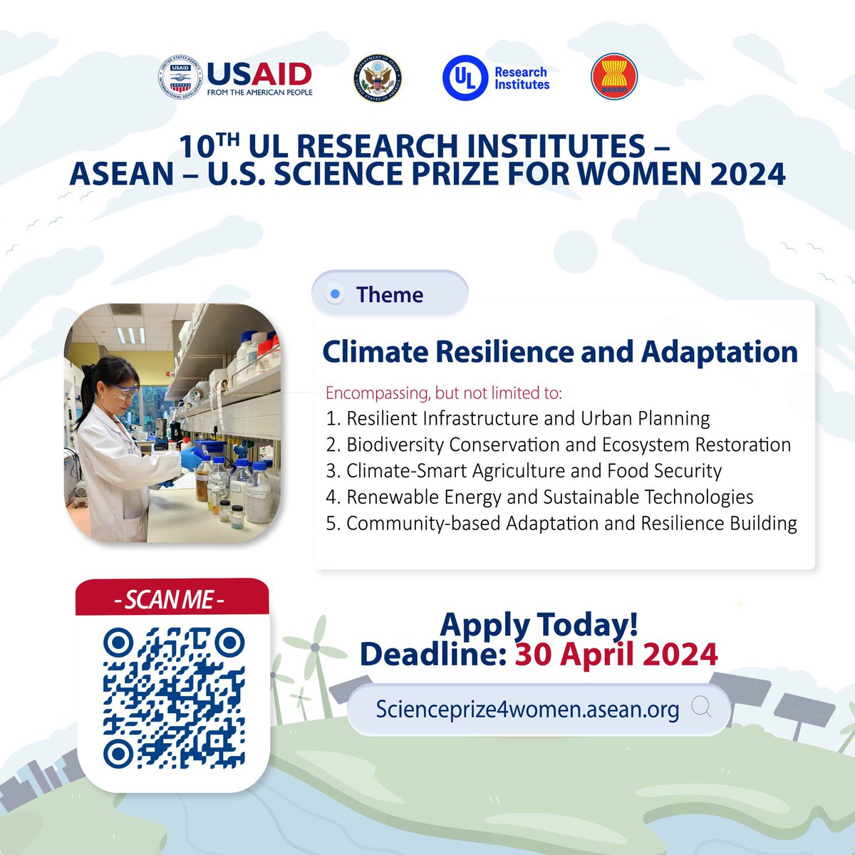 Launching the 10th Science Prize for Women with USAIDAsia, ULdialogue, & ASEAN!

This year's theme focuses on climate resilience & adaptation. Join us in driving innovation for a sustainable future. Apply now bit.ly/ASEAN_SPW2024

#USAIDASEAN #WomenInSTEM