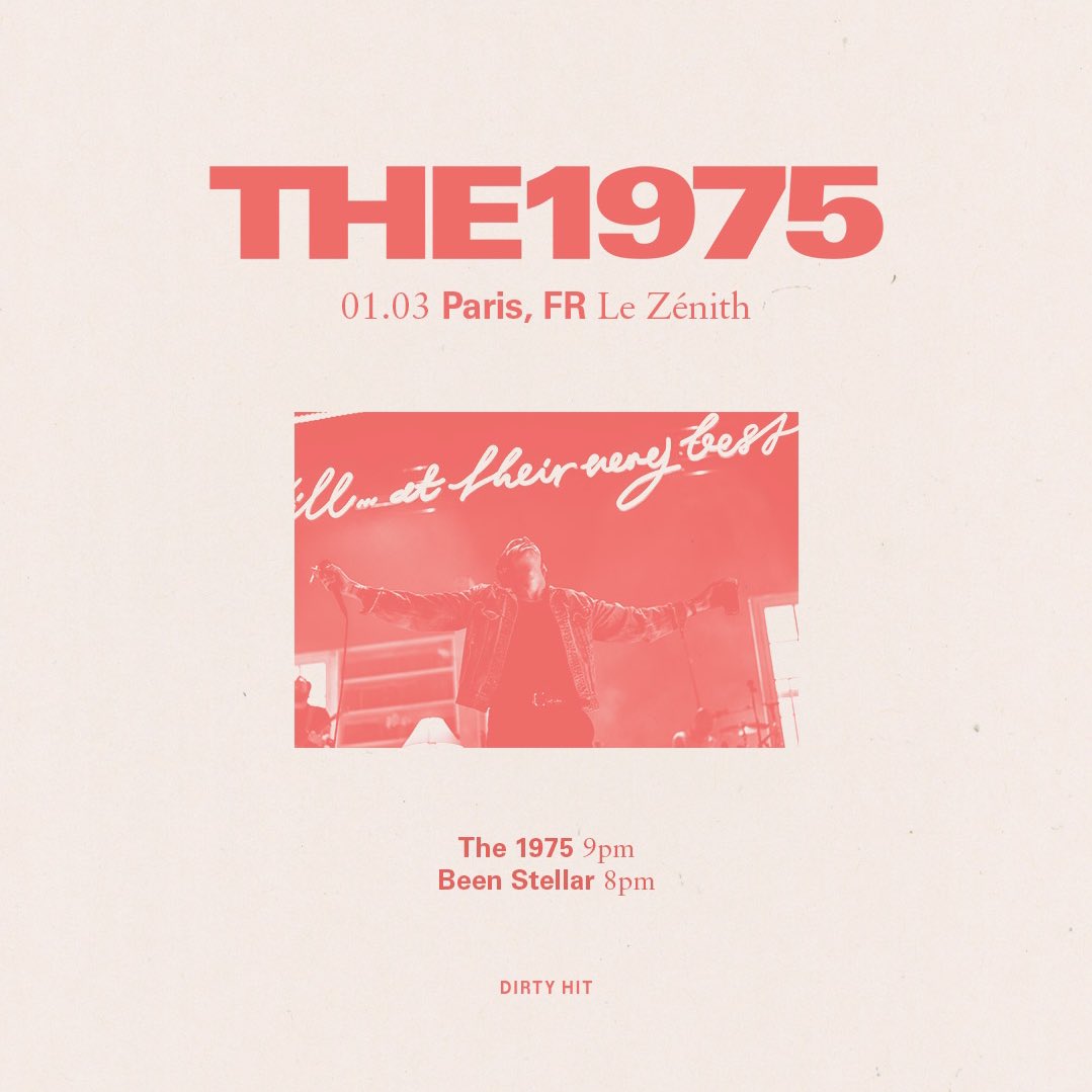 the1975's tweet photo. Le Zénith
Paris, France
March 1st, 2024
The 1975 - 9pm
@beenstellar - 8pm
#The1975 https://t.co/8GfWkXCHNw