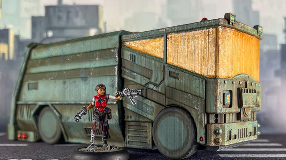 Corvusgamester1's tweet photo. The #cyberpunk Garbage Truck vehicle painted up by @tabletop_dave. Really nice paintjob. STL available at https://t.co/nktRHlh008 #3DPrinting #wargaming #cyberpunk2077 #realitysedge #spaceweirdos #terrain #bladerunner #infinitythegame #tabletopgaming https://t.co/IQvOq1fpM3