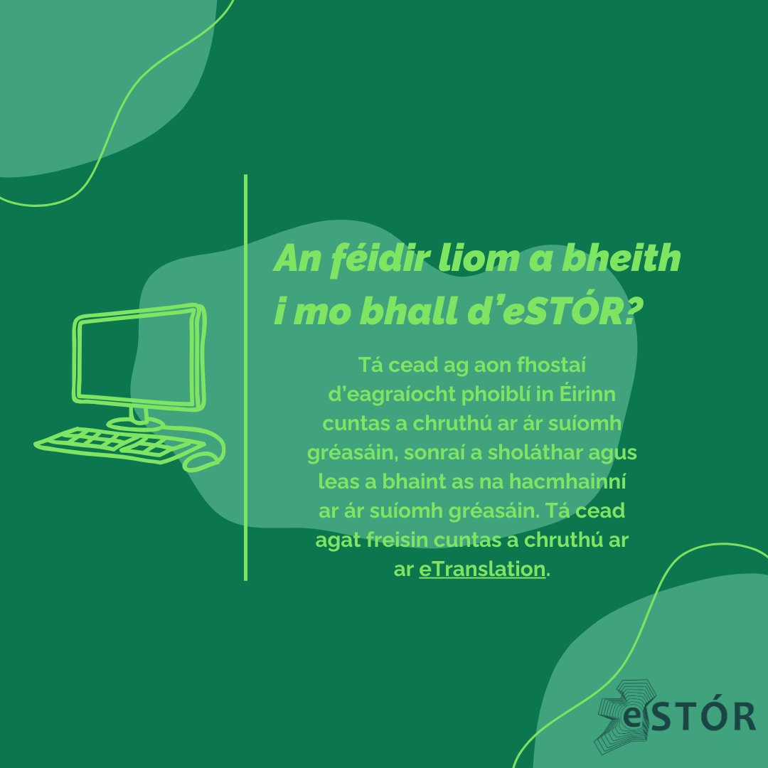 eStor_Eireann's tweet image. Cé atá in ann a bheith ina b(h)all d'eSTÓR?
Who can be a member of eSTÓR?
#gaeilge #languagetechnology #estór #dublincityuniversity #dcu