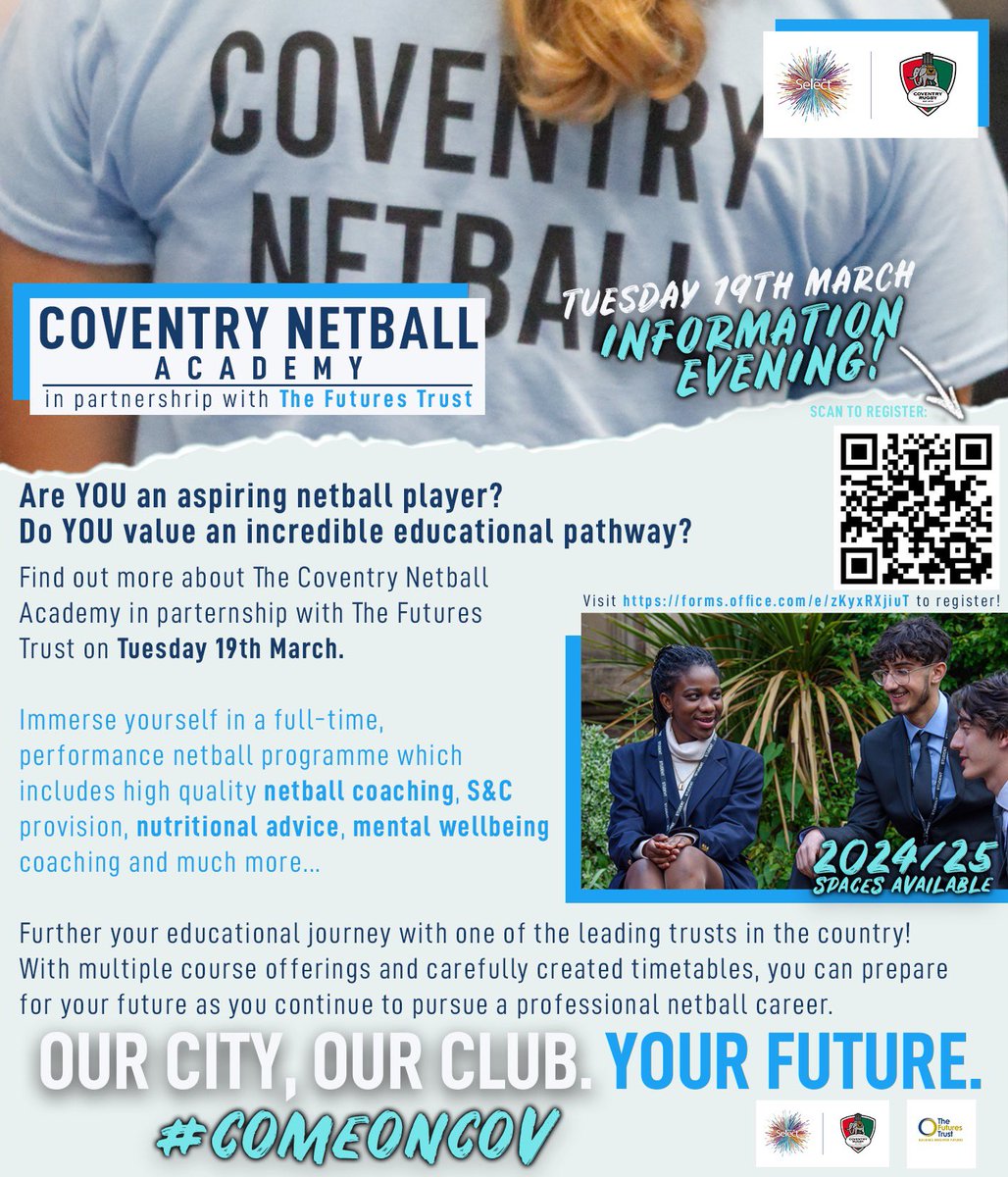 Excited to build a future in sport while pursuing post 16 study? 

Join us on the 19 March to learn more about how you can be part of a one of a kind programme with Coventry Netball Academy

Who’s ready for the challenge? <a href="/TheFuturesTrust/">The Futures Trust</a> #OurCityOurClubYourFuture
