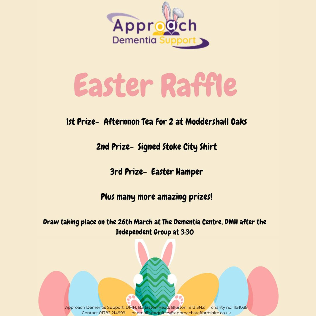 🐥Raffle Tickets for our Easter Raffle are nearly sold out.🐥
Grab a book quick before they are gone.
£1 per ticket
£5 per book
Available from our groups and the approach main office