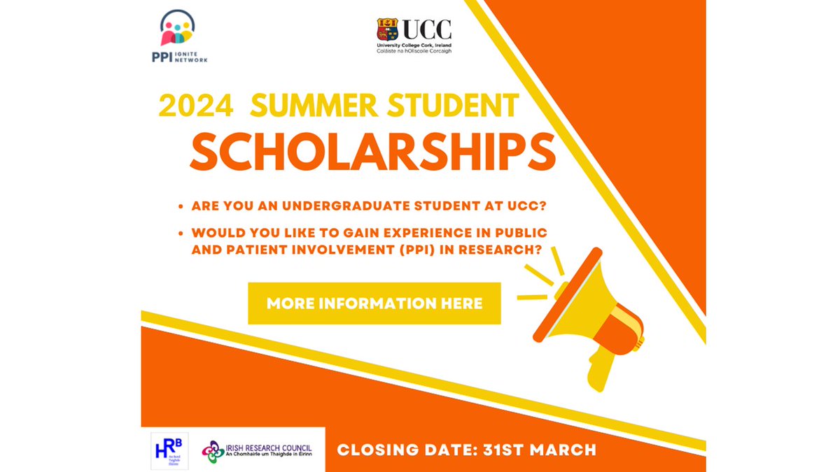 📢Are you a @UCC undergraduate student? Would you like to gain experience in #PPI? We have a number of #SummerStudentScholarships available @€400/week for a 6 week period. Closing date: 31st March, 2024. Apply here: shorturl.at/sFHY0