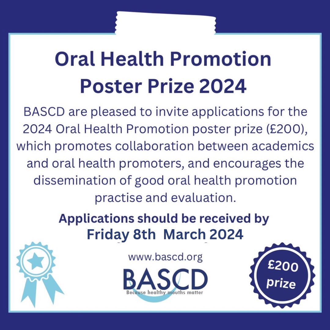 Submit an abstract for the April BASCD Scientific meeting. For ALL working to improve oral health there’s a £200 Oral Health Promotion prize. Deadline 8/3/24. Info & submission form postly.link/J56/. Our incoming president @CharlotteJeavo1 would love to see you there!