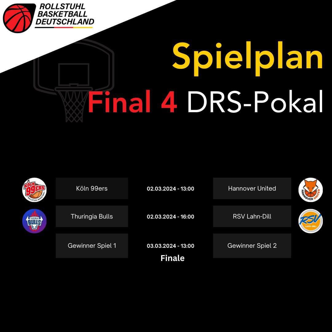 🇩🇪 FINAL FOUR GERMAN CUP 🇩🇪 RBC Köln 99ers (Sportshalle Bergischer Ring) will host the final four of the German Cup (DRS-Pokal) with this schedule: Mar 2nd - 13:00 h. - @rbckoeln99ers vs @HannoverUnited Mar 2nd - 16:00 h. - @RSBbulls vs @rsvlahndill Mar 3rd - 13:00 - FINALS
