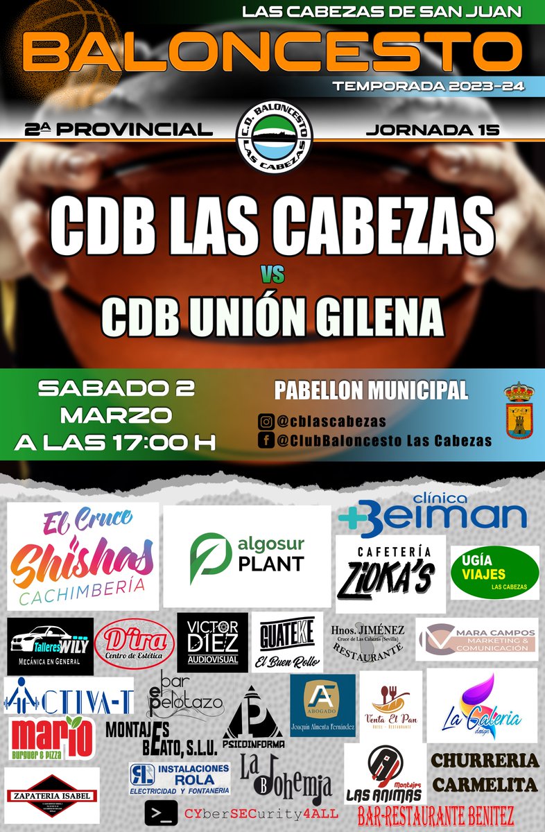 EQUIPO SENIOR

Jugamos a las 17.00h en nuestro Pabellón Cubierto Municipal.

El partido se disputará contra el  Club Baloncesto Unión de Gilena.

¡¡No os lo podéis perder!!
Muchas gracias a todos nuestros colaboradores y patrocinadores.
#BaloncestoLasCabezas