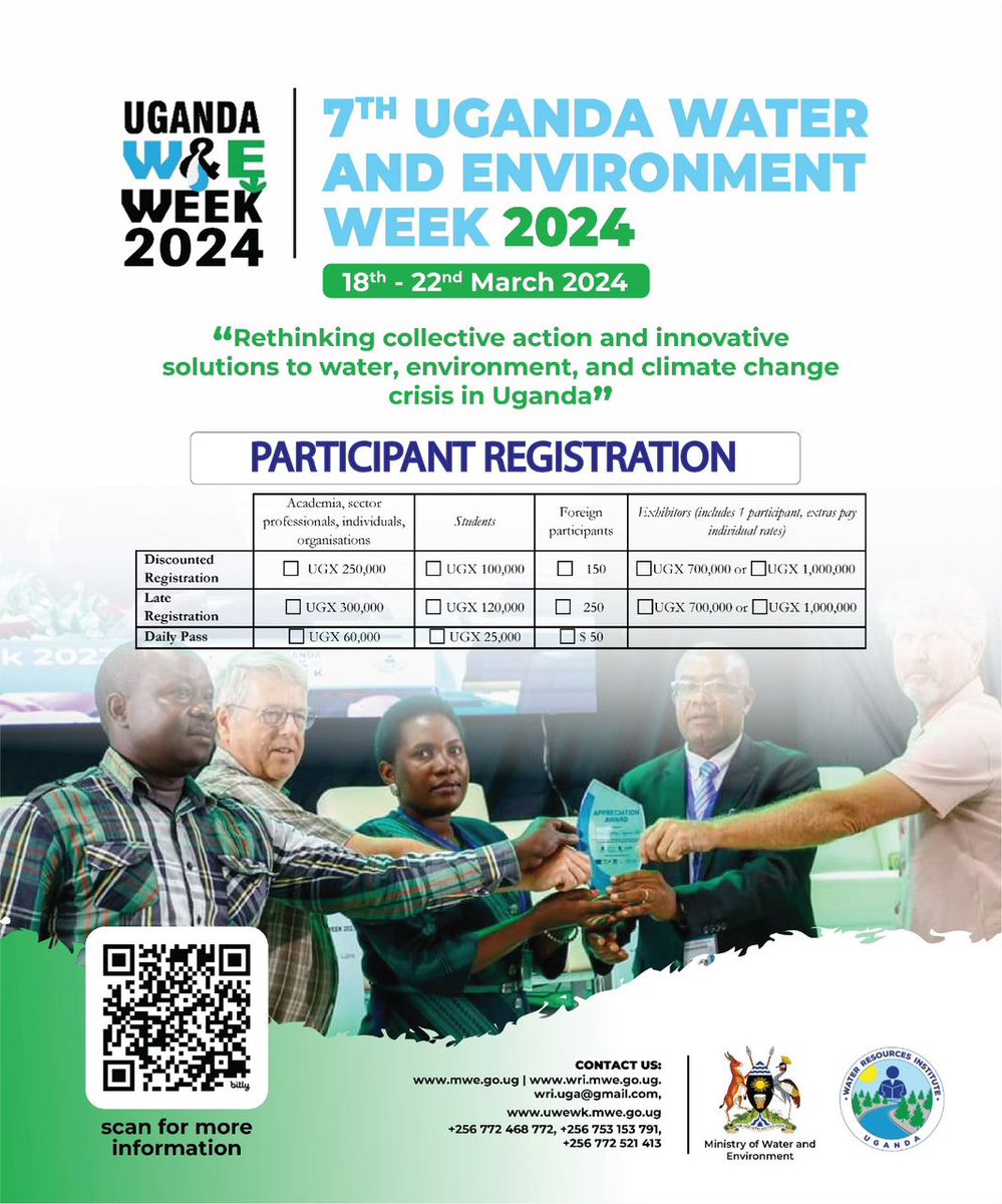 Let us all register for Uganda Water and Environment Week 2024 that will place from 18th March to 22nd March 2024. There will be a number of activities and exhibitions in the water and environment sector. #UWEWK24