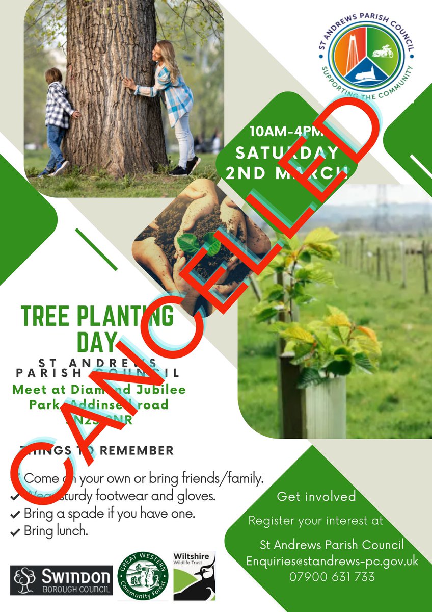 Unfortunately we have had to cancel tomorrows tree planting event at Diamond jubilee park due to water logged ground. Keep an eye on our socials for new dates coming soon.