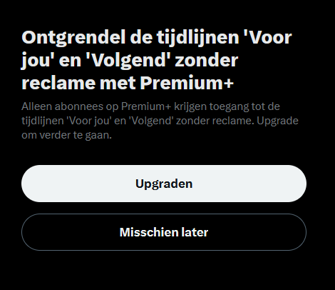 Elon Musk heeft weer iets nieuws verzonnen om gebruikers weg te pesten. Bij iedere advertentie die ik blokkeer krijg ik nu onderstaande popup.
Mega irritant.