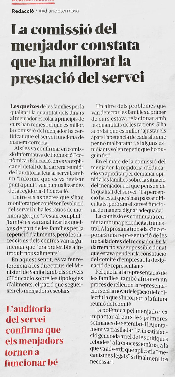 Pepeta (@pepeta_terrassa) on Twitter photo Ahir vam llegir aquesta notícia a <a href="/DiarideTerrassa/">Diari de Terrassa</a>. Malauradament, al contrari del que s'hi diu, no sempre es compleixen ràtios i els diversos problemes que anem detectant i comunicant fa mesos, no ens permeten dir que el servei sigui tan "digne i adequat" com s'hi diu. (1/3) Ahir vam llegir aquesta notícia a <a href="/DiarideTerrassa/">Diari de Terrassa</a>. Malauradament, al contrari del que s'hi diu, no sempre es compleixen ràtios i els diversos problemes que anem detectant i comunicant fa mesos, no ens permeten dir que el servei sigui tan "digne i adequat" com s'hi diu. (1/3)