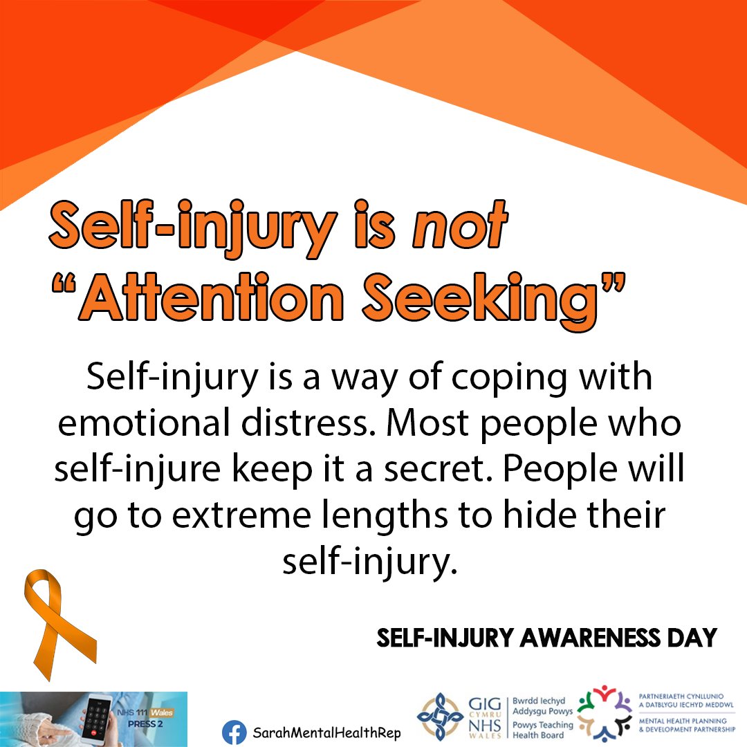 Self-injury is not attention seeking
Self-injury is a way of coping with emotional distress
Most people who self-injure keep it a secret
People will go to extreme lengths to hide their self-injury
#SelfInjuryAwarenessDay