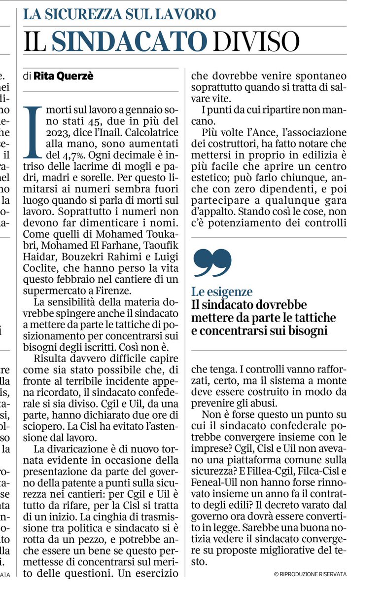 Perchè il sindacato è diviso proprio su un tema unificante come gli incidenti sul lavoro? Perchè Cgil e Uil hanno fatto sciopero e la Cisl, invece, va per conto suo? Ce lo chiediamo in tanti, se lo chiede pure @rquerze sul @corriere. Chissà se Cgil, Cisl e Uil risponderanno.