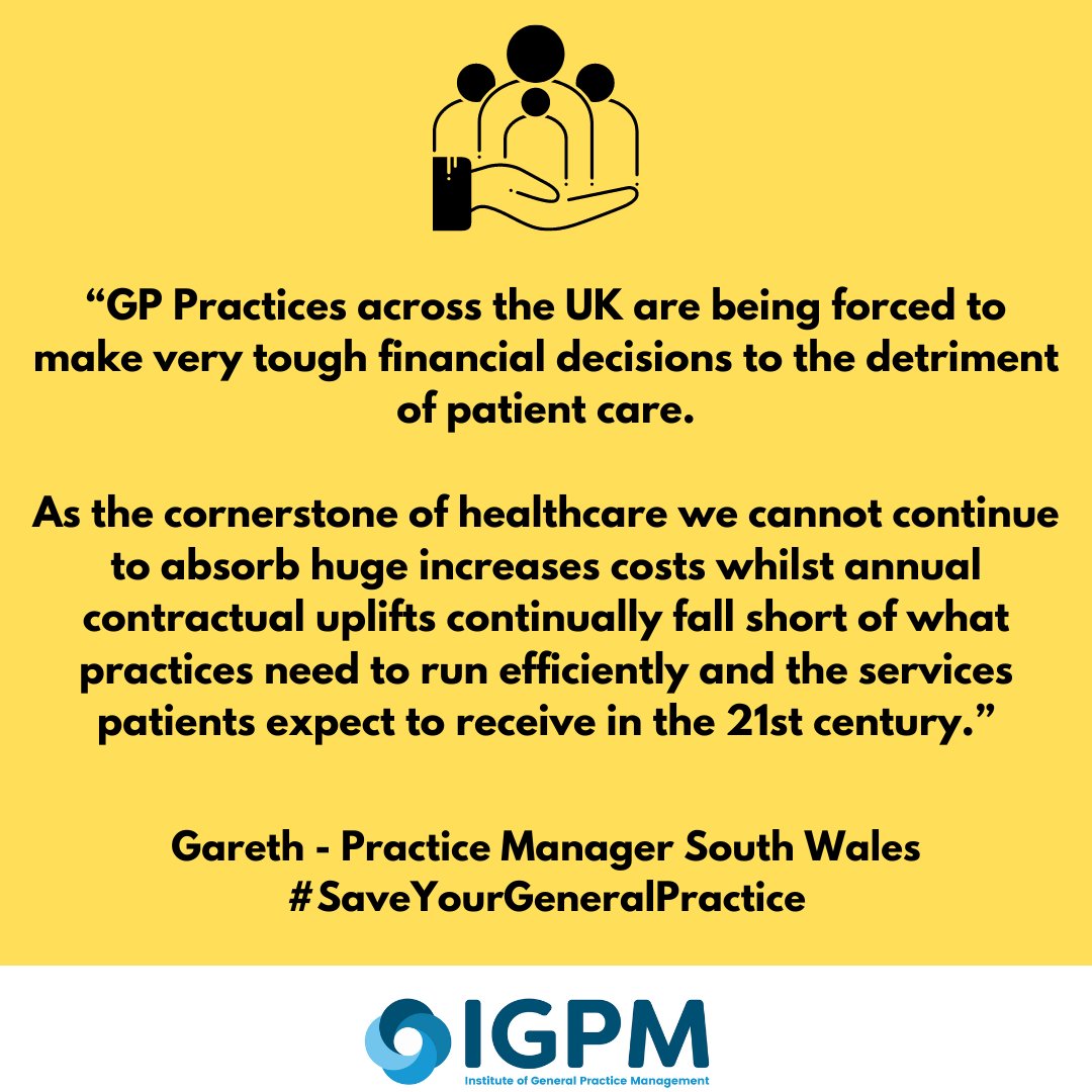 TheIGPM's tweet image. Do you want to #SaveYourGeneralPractice? Do you think a 2% uplift to our contracts will give you the service that you need in an already impossible environment.  

Please support us and lobby your #MP to fund us so that we can give you the service that you expect to receive.