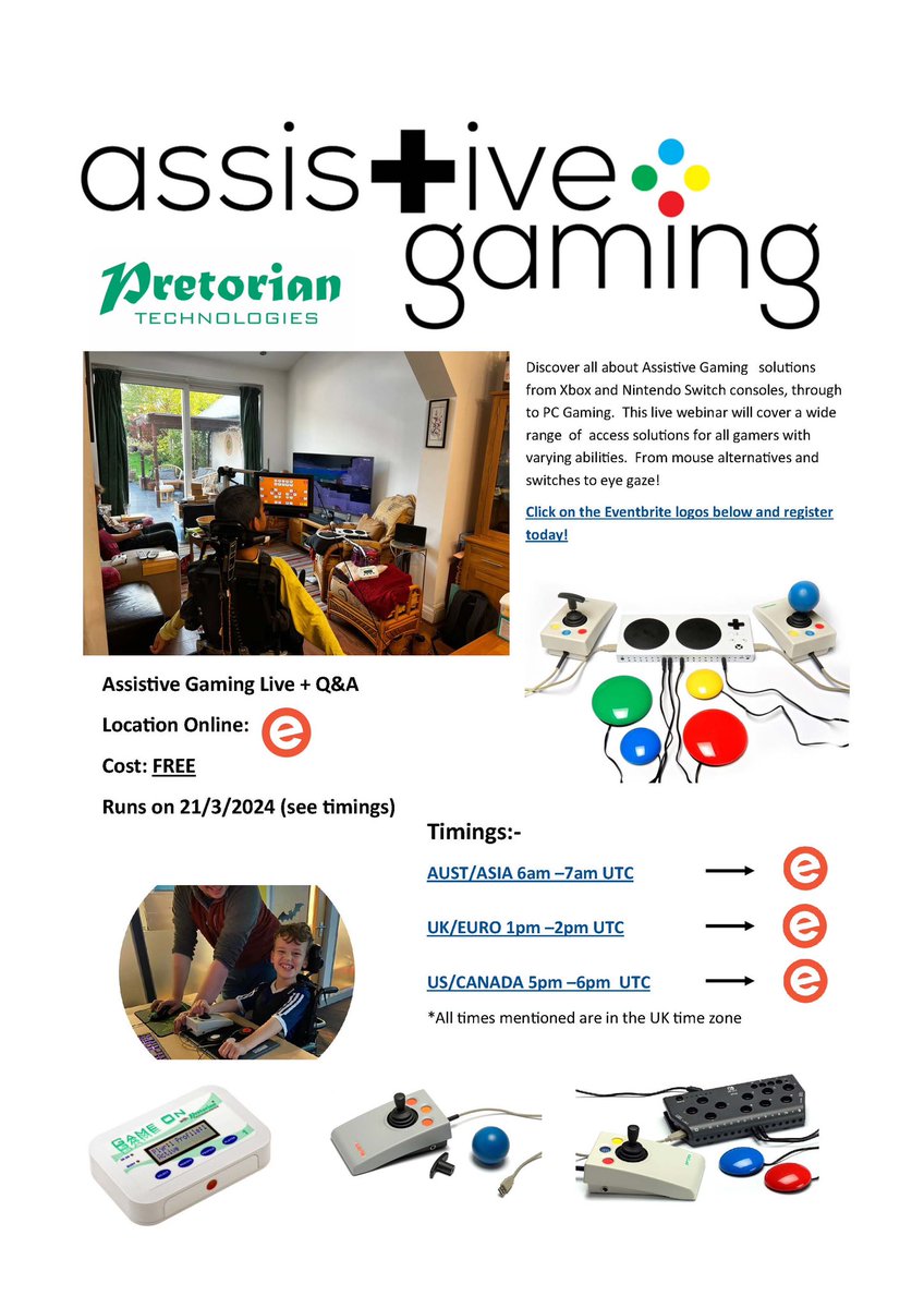 Pretorian Technologies presents Assistive Gaming for All!

Don't miss out on this unique opportunity to learn, engage, and game like never before!

Links below:-

Asia/Africa/Aust
lnkd.in/ekkDE2k6

UK/Euro
lnkd.in/e3ydPFAZ

USA/Canada
lnkd.in/eX4rqyJ8