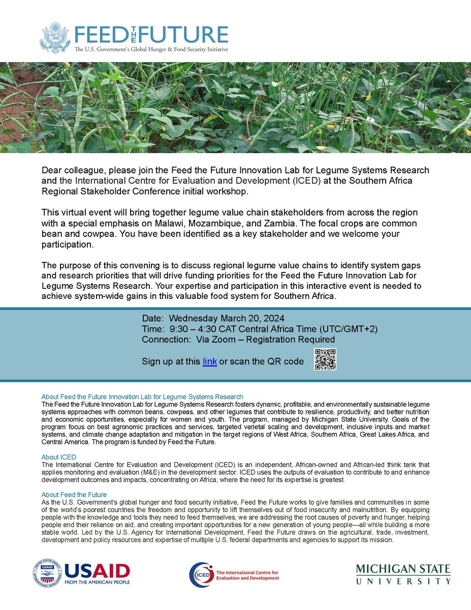 📢Join @LegumeLab & ICED at the virtual Southern Africa Regional Stakeholders Conference initial workshop. We'll be discussing legume value chain system gaps & funding ops. 📅 Mar. 20, 2024 ⏰9.30-4.30 CAT Sign up here: msu.zoom.us/meeting/regist… For more info, check the flyer 👇🏾