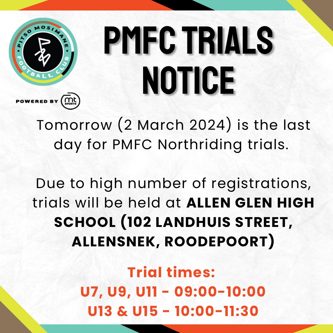 ‼️PMFC NORTHRIDING TRIALS VENUE CHANGE ‼️ Please note that tomorrow’s trials (2 March 2024) will be taking place at ALLEN GLEN HIGH SCHOOL (102 LANDHUIS STREET, ALLENSNEK) See you there!😉 #PMSS #creatingtheplayeroftomorrow