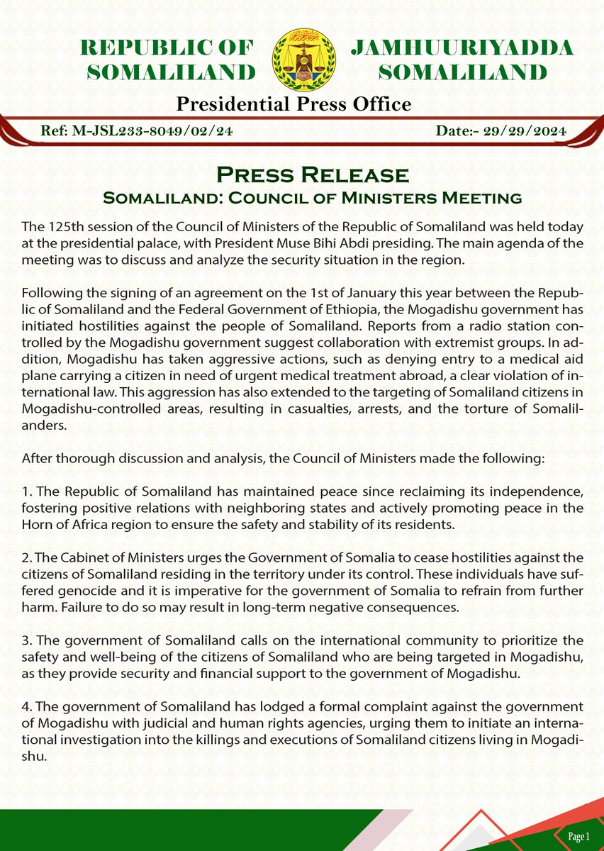 NaskaYD's tweet photo. The government of Somaliland calls on the international community to prioritize the safety and well-being of the citizens of #Somaliland who are being targeted in Mogadishu, as they provide security and financial support to the government of #Mogadishu. https://t.co/iZ7jYAnjV1