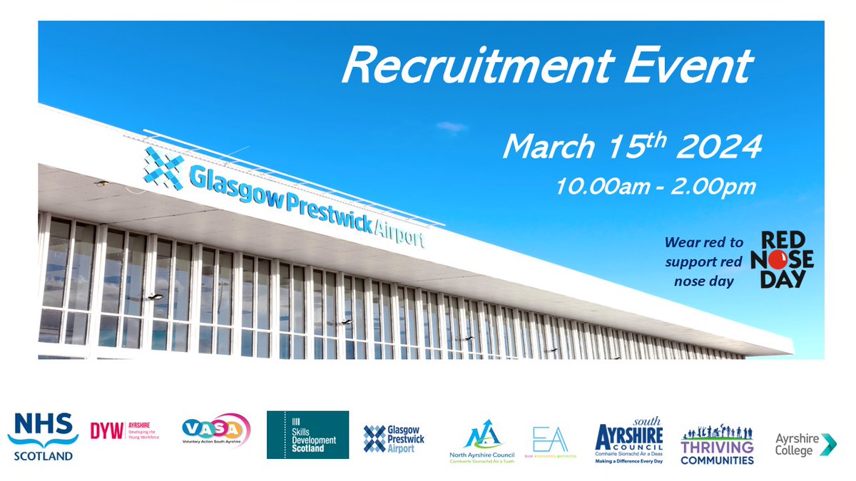 Grateful to @JCPinScotland #Partners coming onboard with our #RecruitmentEvent in #PrestwickAirport #Ayrshire

If you are an #Employer and would like to attend please email: ayrshire.enquiries@dwp.gov.uk

#AyrshireJobs #JobsInScotland #Recruitment #SME #Business