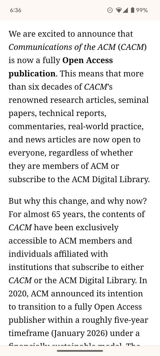 > CACM Is Now Open Access

Good news, and a good way to stay relevant and increase reach.

cacm.acm.org/news/cacm-is-n…