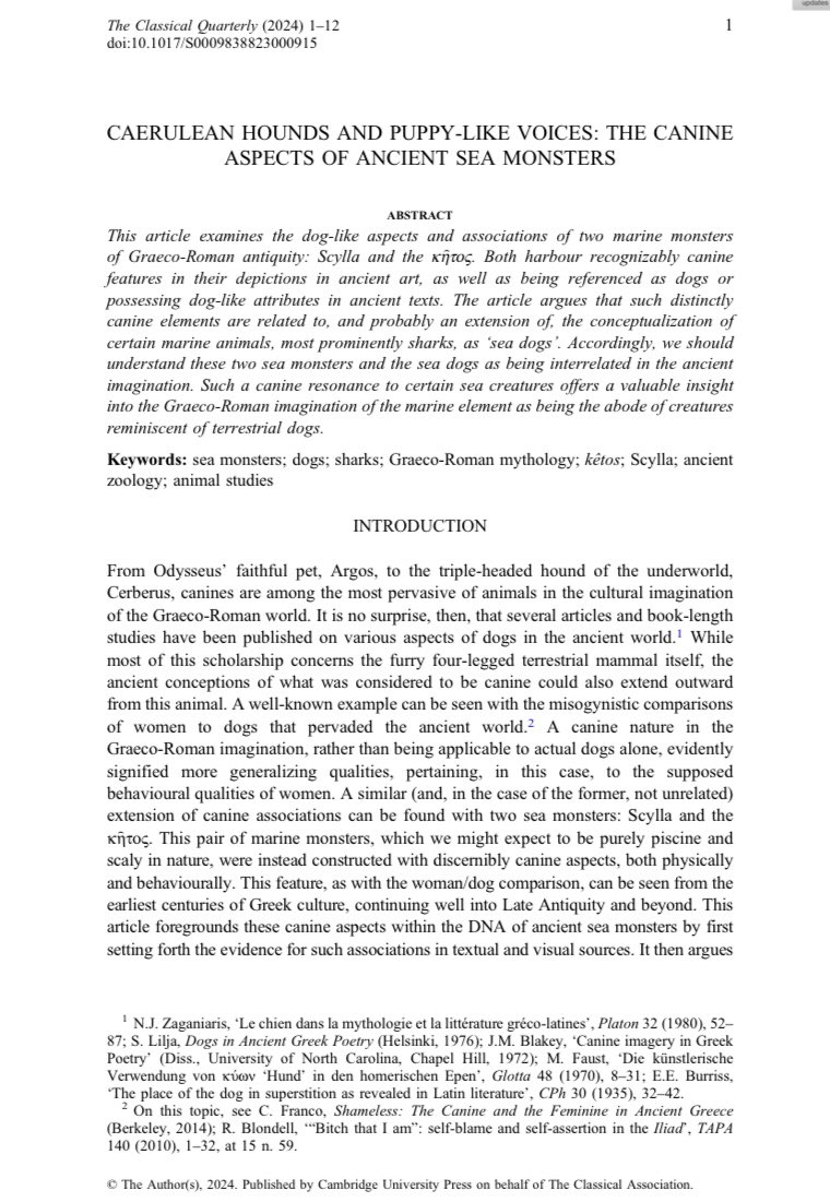 New publication now out! This one being my @CQ_journal article. Ever wonder why Scylla in the Odyssey is depicted as dog-like? It’s an issue I address here along with other canine features of sea monsters in this piece. doi.org/10.1017/S00098…