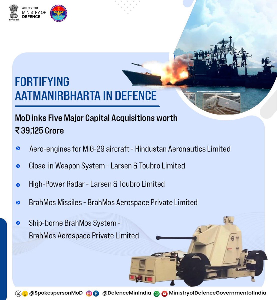 Indian #MoD signs five major capital acquisition #contracts worth INR 39,125 Cr in the presence of India's Defense Minister & Secretary 1. Mig-29 Aero Engine 2. CiWS 3. Radar 4. #Brahmos_Missile 5. BMS ship based #AATMANIRBHARTA