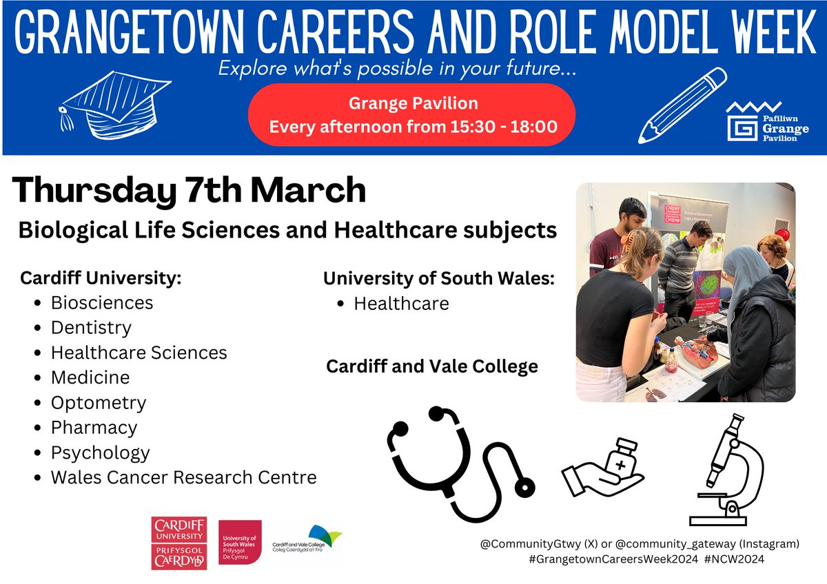 Community Gateway (@communitygtwy) on Twitter photo Thursday 7th March - Biological Life Sciences and Healthcare subjects
💊🩺🥼🏥🩻👁️
<a href="/CUBiosciences/">Cardiff University School of Biosciences</a> <a href="/CardiffDental/">School of Dentistry I Ysgol Deintyddiaeth</a> <a href="/CUHealthSci/">School of Healthcare Sciences</a> <a href="/CUmedicengage/">Cardiff University School of Medicine</a> <a href="/SchoolOfOptom/">Cardiff Uni Optom</a> <a href="/PharmacyCU/">Cardiff Pharmacy</a> <a href="/PsychCardiffUni/">School of Psychology</a> <a href="/theWCRC/">Wales Cancer Research Centre</a> <a href="/gwellaproject/">thegwellaproject</a> <a href="/UniSouthWales/">University of South Wales</a> <a href="/CAVC/">Cardiff and Vale College | Coleg Caerdydd a’r Fro</a> Thursday 7th March - Biological Life Sciences and Healthcare subjects
💊🩺🥼🏥🩻👁️
<a href="/CUBiosciences/">Cardiff University School of Biosciences</a> <a href="/CardiffDental/">School of Dentistry I Ysgol Deintyddiaeth</a> <a href="/CUHealthSci/">School of Healthcare Sciences</a> <a href="/CUmedicengage/">Cardiff University School of Medicine</a> <a href="/SchoolOfOptom/">Cardiff Uni Optom</a> <a href="/PharmacyCU/">Cardiff Pharmacy</a> <a href="/PsychCardiffUni/">School of Psychology</a> <a href="/theWCRC/">Wales Cancer Research Centre</a> <a href="/gwellaproject/">thegwellaproject</a> <a href="/UniSouthWales/">University of South Wales</a> <a href="/CAVC/">Cardiff and Vale College | Coleg Caerdydd a’r Fro</a>