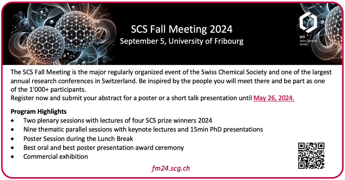 🔔SCS Fall Meeting 2024 🗓️September 5, 2024 @unifrChemistry Apply for a short talk / poster presentation now: fm24.scg.ch/registration #fm24 #chemistry #scs #symposia #switzerland #unifr