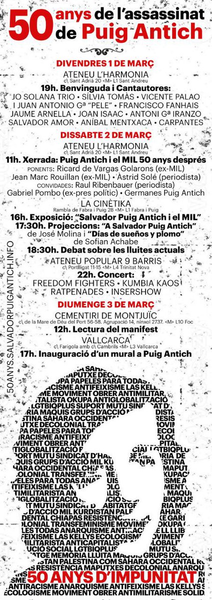 Cansades de sentir tant a parlar de la seva mort, a #50aSPA volem recordar la seva vida plena de lluita.
🏴 Avui a les 19h a l'<a href="/AteneuHarmonia/">Ateneu L'Harmonia</a> , començarem amb un recital de música reivindicativa.
🏴 Dissabte i diumenge seguim amb + activitats.
+ info:
50anys.salvadorpuigantich.info
