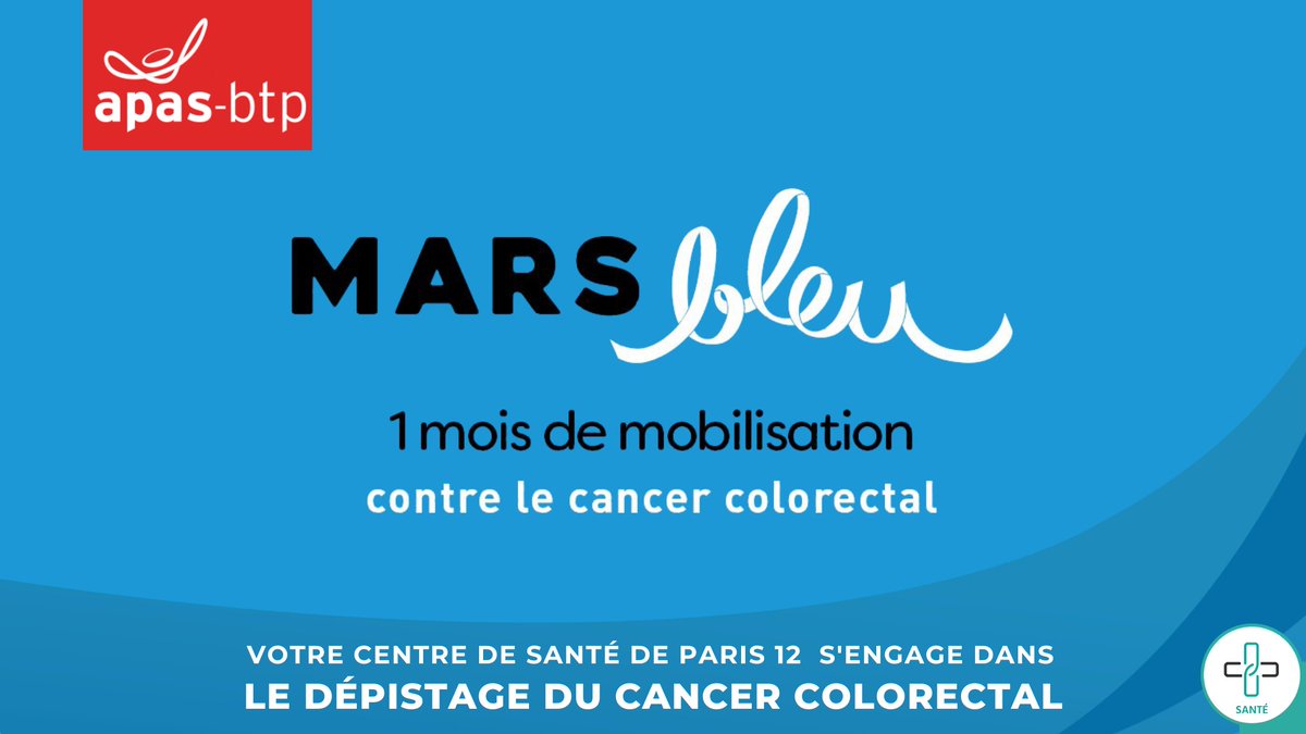 🟦 #MarsBleu 

L'APAS-BTP se mobilise tout le mois de mars dans la lutte contre le cancer colorectal !  

Si vous avez entre 50 et 74 ans, venez récupérer nos kits de dépistage dans notre centre de santé de Paris 12 ! 

Plus d'infos 👉bit.ly/APAS_MarsBleu2…

#APASBTP #cancer