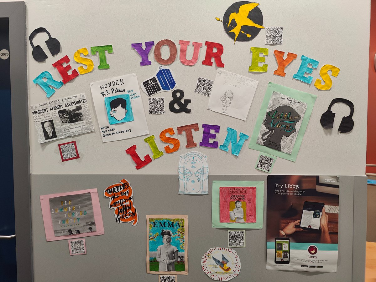 There are over 2,000 audiobooks available for free @ libbyapp.com/search/renfrew… OR search for the Libby app to listen/read on the go on your smartphone. Students have been helping create a display with some of their favourites so far.