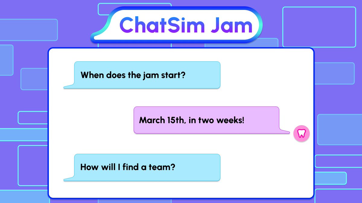 ChatSim Jam starts in 2 weeks!!
Feeling a little stuck on how to find yourself a team?
No worries, I've made you a little thread of some tips 🧵(1/5) #CSvnjam