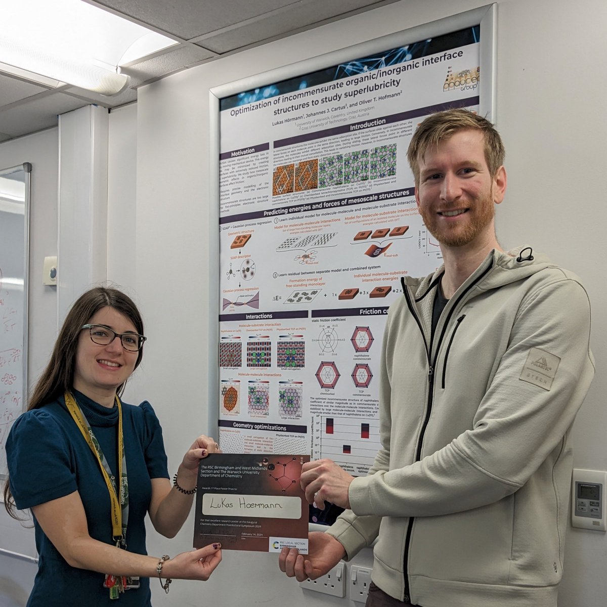 Great news! I have won a poster prize from the RCS Birmingham and West Midlands section for my work on ultra-low friction interfaces. See lnkd.in/ernu56Px for a thorough investigation of the impact that the structure of molecule/metal interface has on friction.